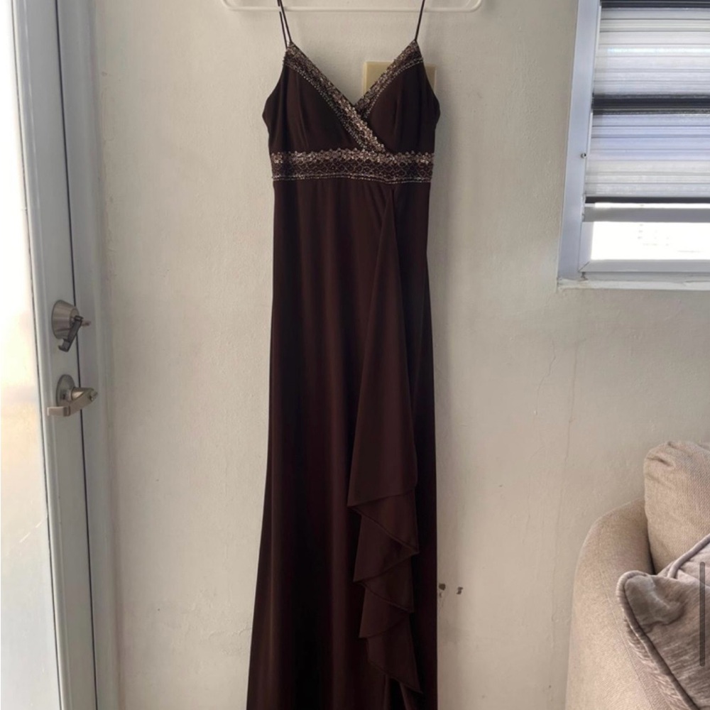 Spaghetti Strap Brown Evening Gown with Embellished Waist
